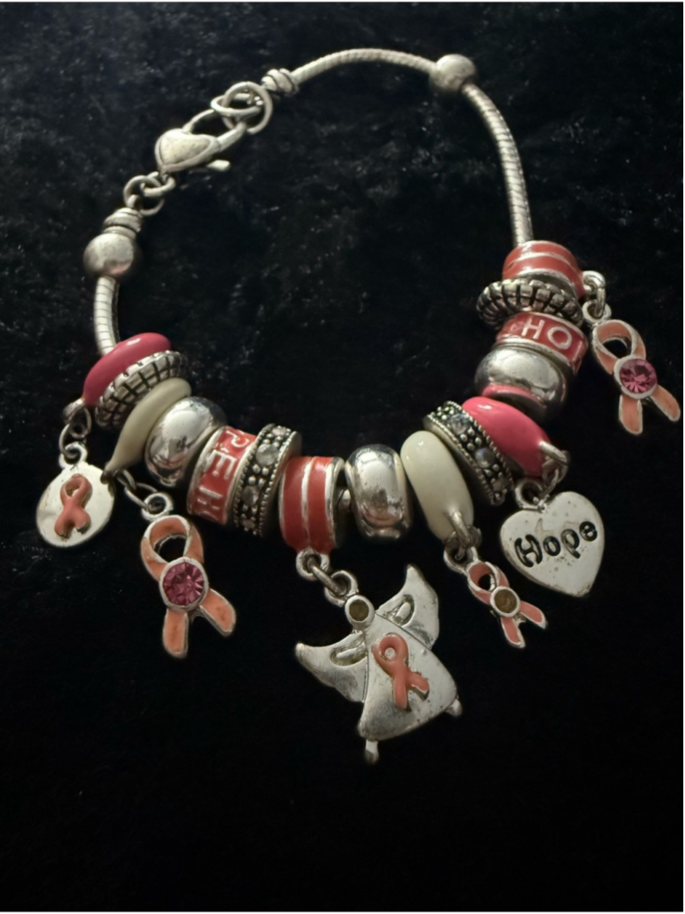 Breast Cancer Awareness Pink Ribbon Hope Charm Silver Tone Bracelet 7.5”